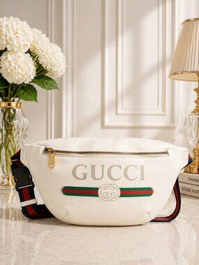 Authentic Gucci Logo Belt Bag Medium White Leather GG Waist Bag Crossbody